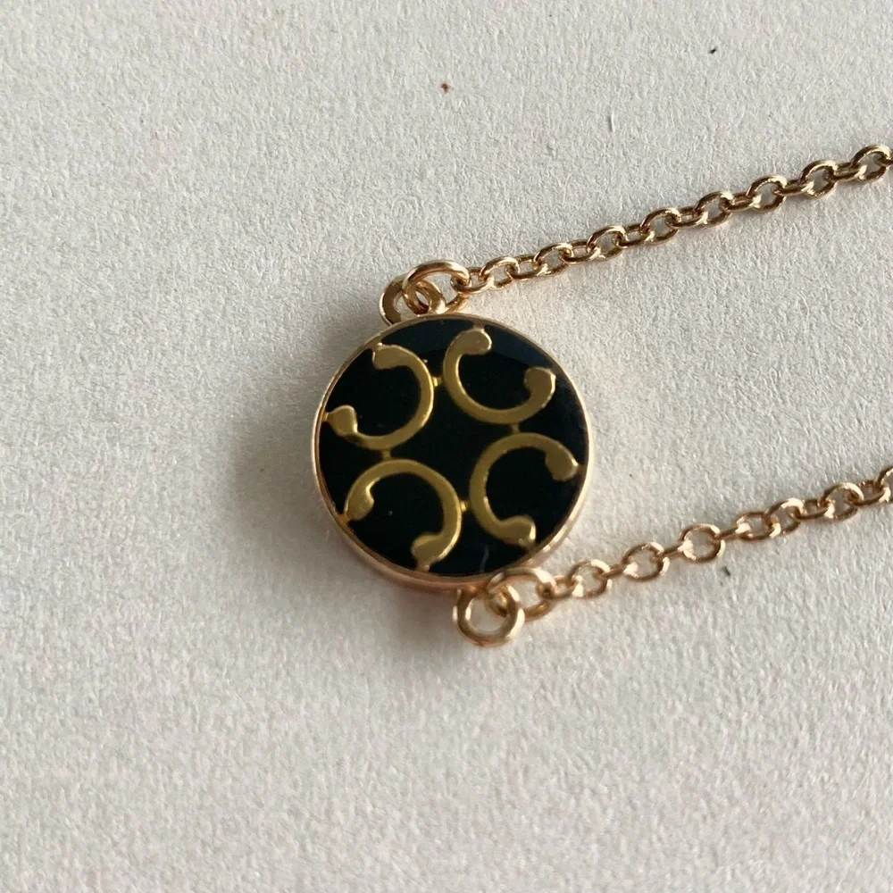 Gold-Tone Black Enamel Circle Link Necklace preloved